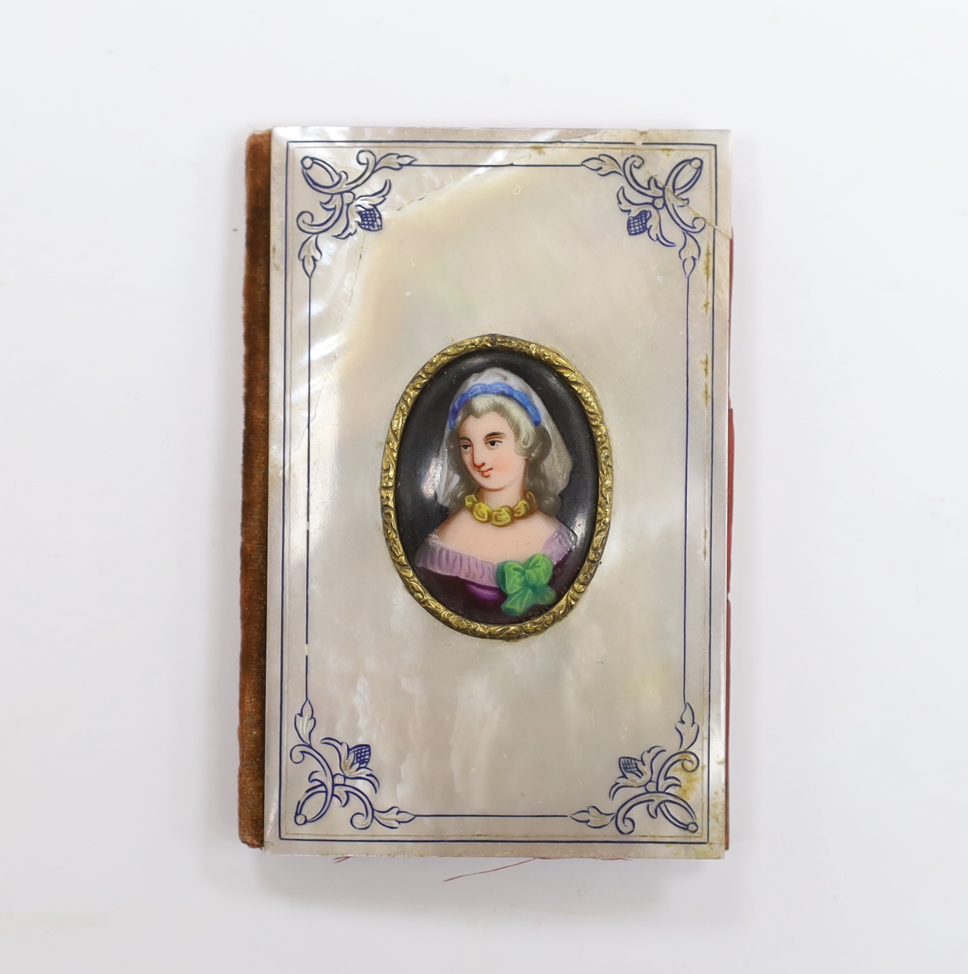 A mother-of-pearl and enamel portrait plaque case, 6cm x 9cm
